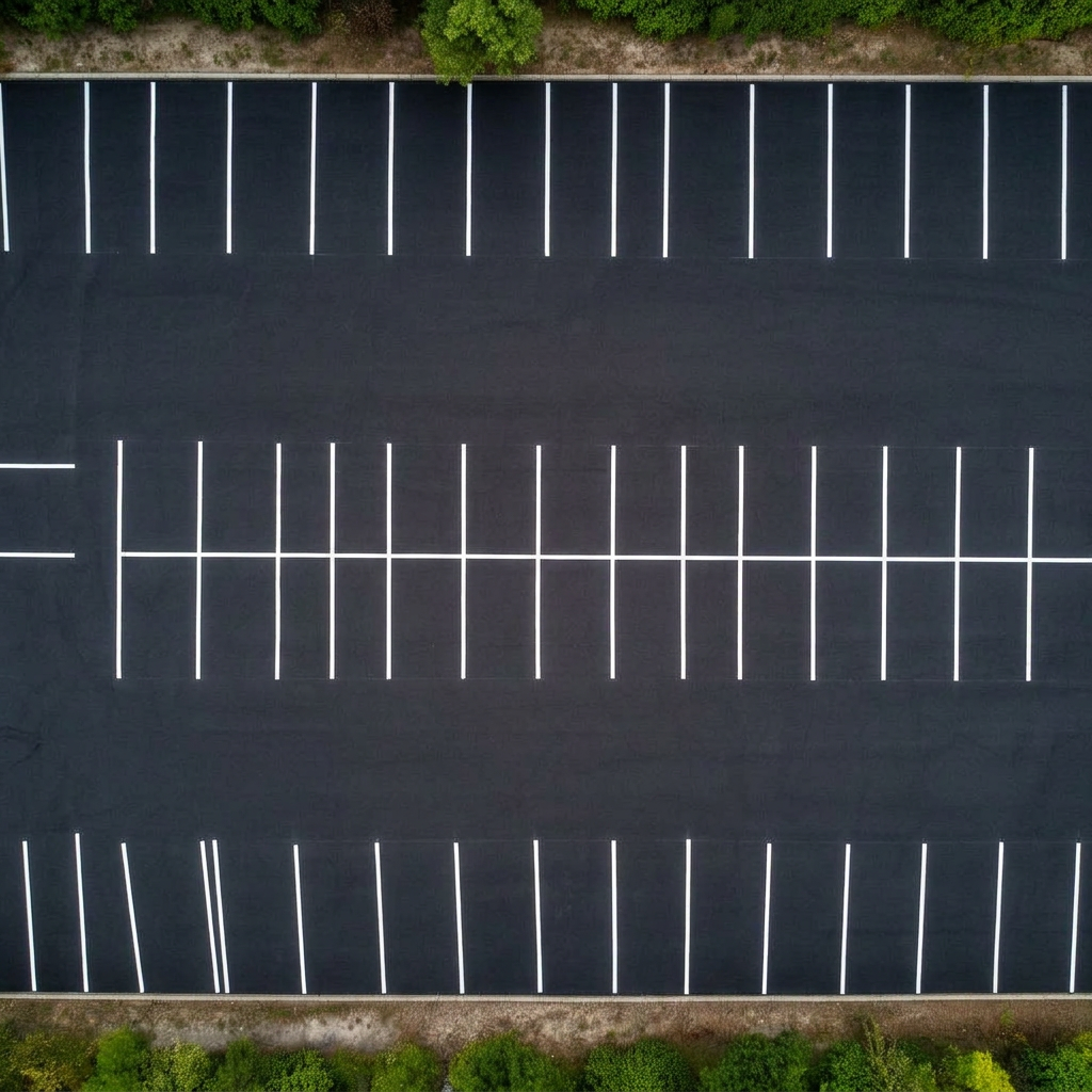 Freshly sealcoated commercial parking lot with crisp white striping