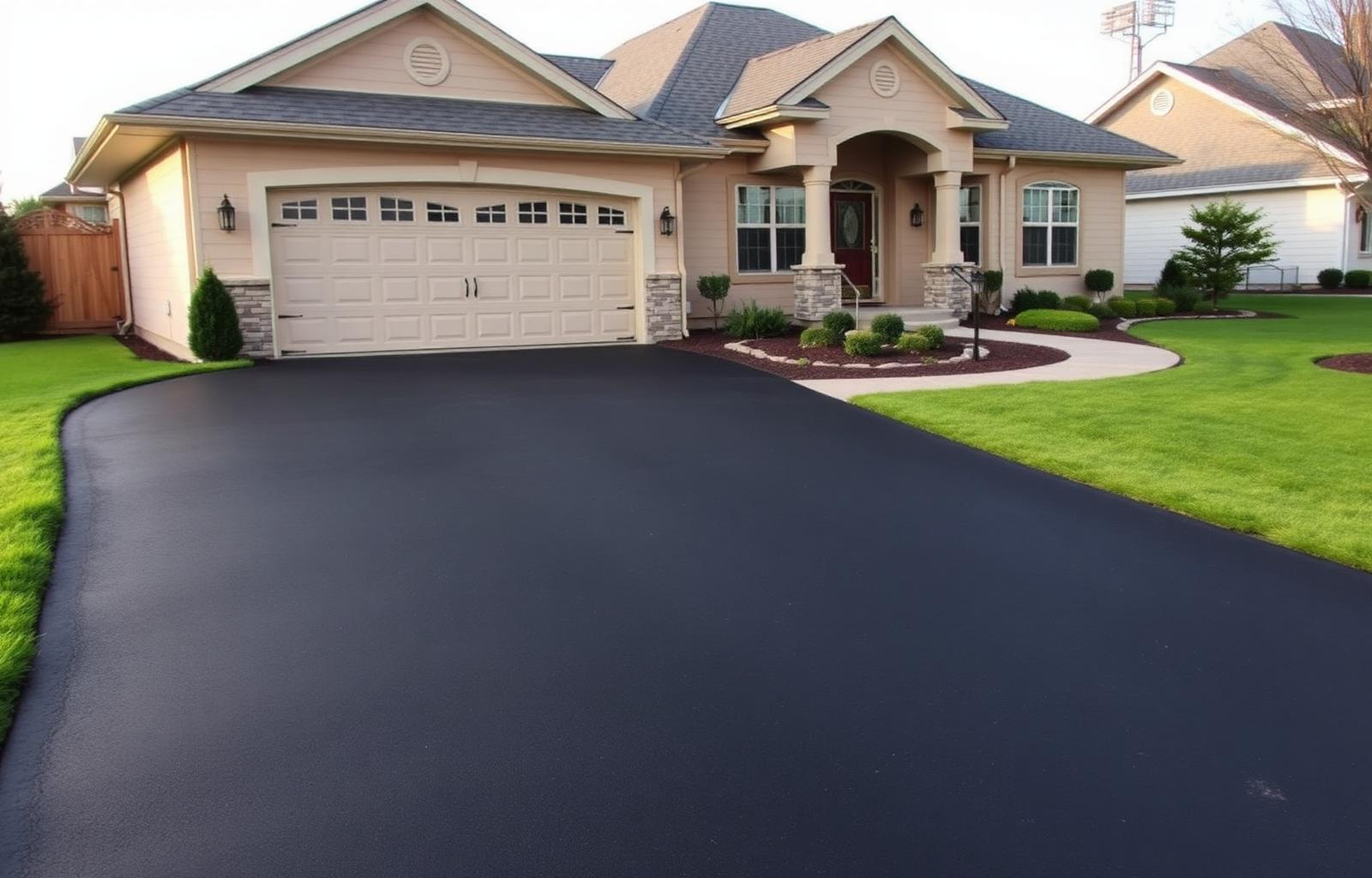 Suburban Chicagoland home with a freshly sealcoated black asphalt driveway and lush green lawn